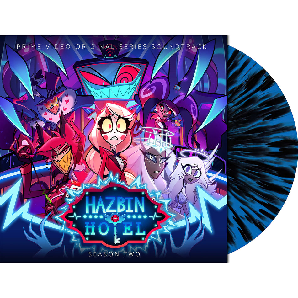 Hazbin Hotel Season 2 vinyl packshot, limited to 3,000 copies, indie exclusive VoxTek Colored Vinyl pressing (blue with black splatter)