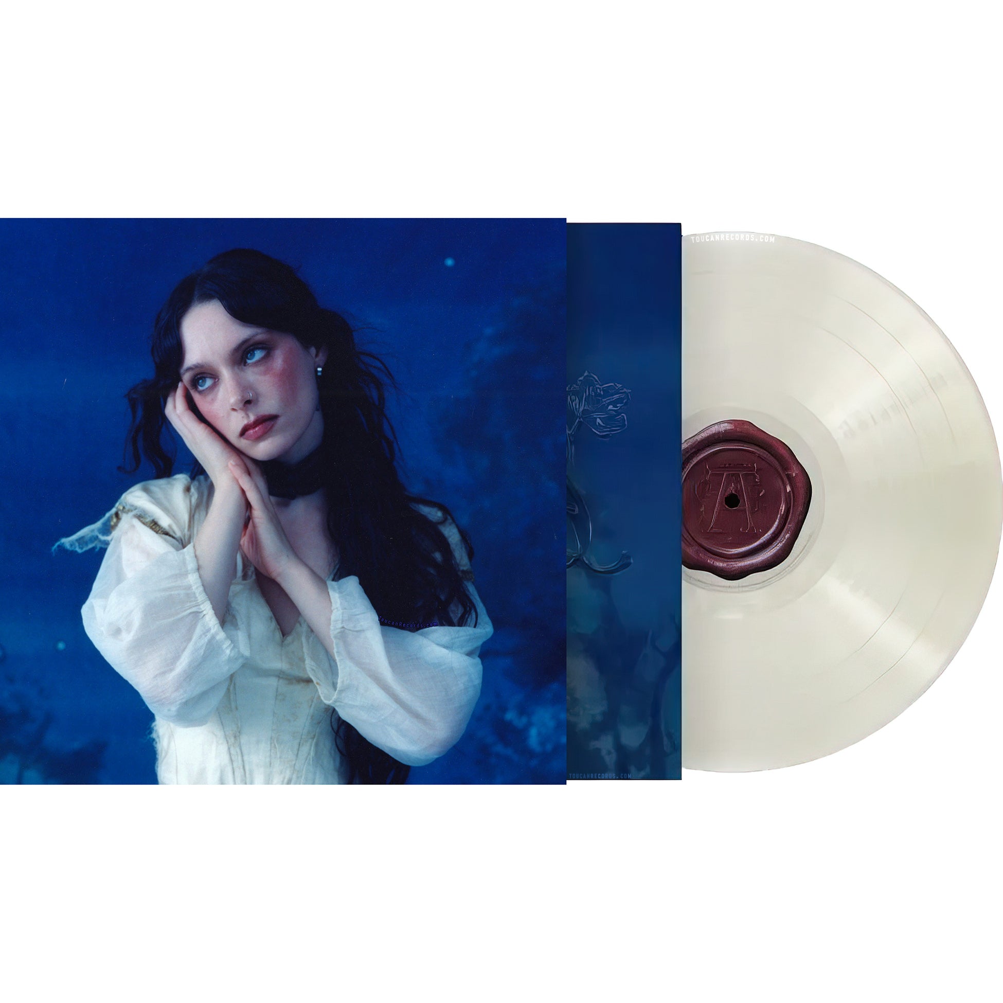 Holly Humberstone Cruel World packshot pearl white vinyl LP with folded 6-panel poster and printed inner sleeve at ToucanRecords.com