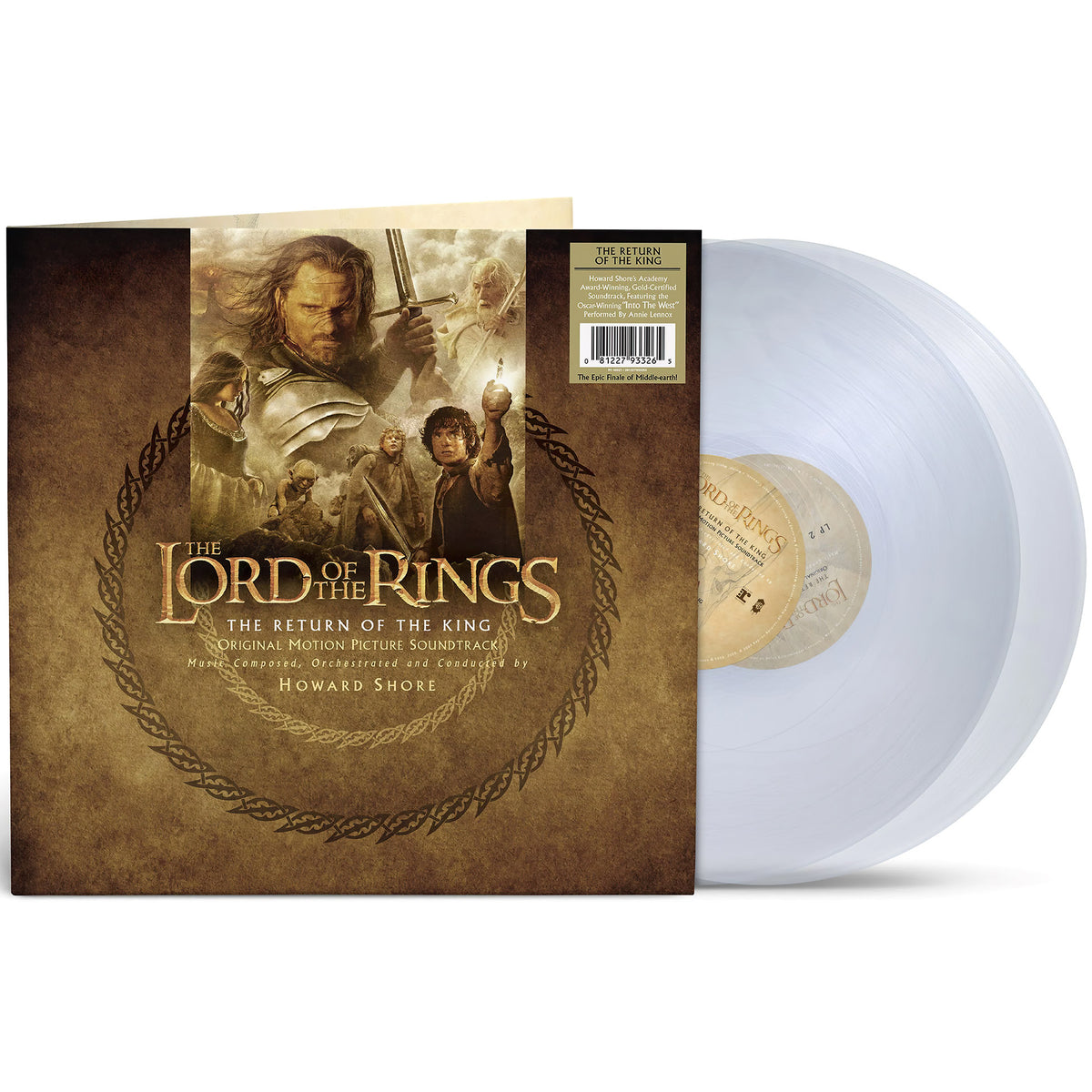 The Lord of the Rings The Return of the King vinyl packshot, clear double LP gatefold edition, Academy Award-winning soundtrack.