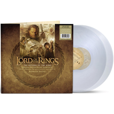 The Lord of the Rings The Return of the King vinyl packshot, clear double LP gatefold edition, Academy Award-winning soundtrack.