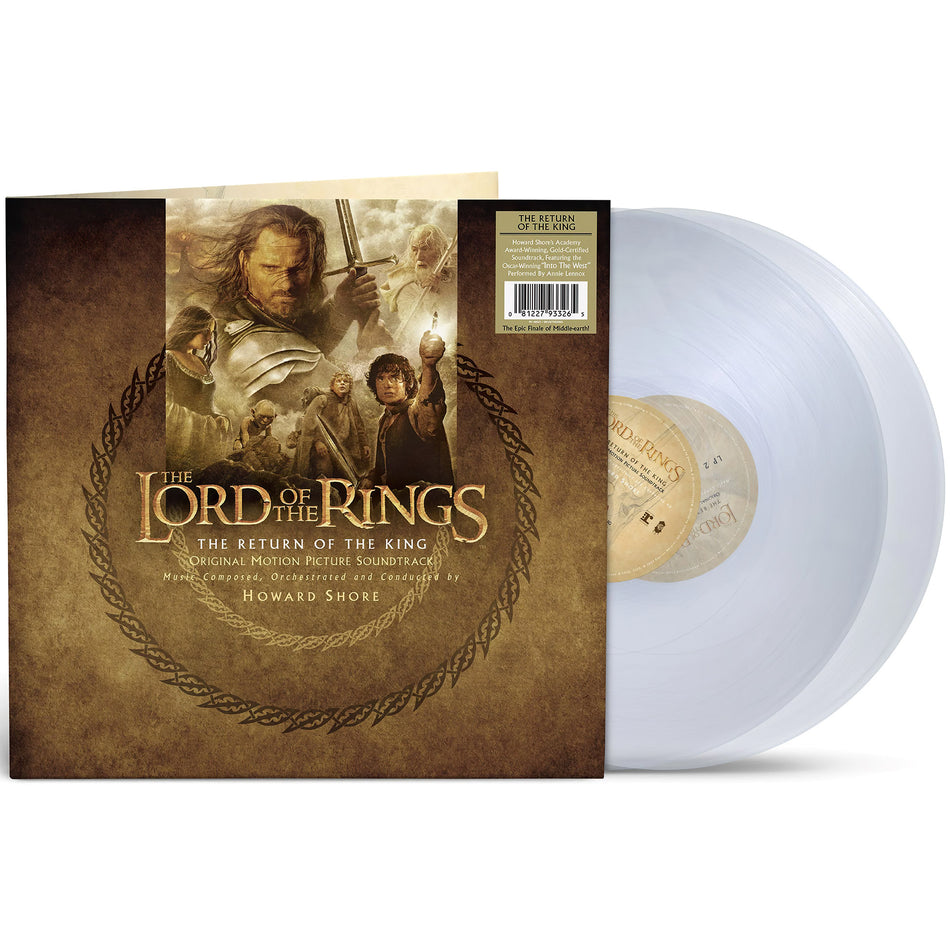The Lord of the Rings The Return of the King vinyl packshot, clear double LP gatefold edition, Academy Award-winning soundtrack.
