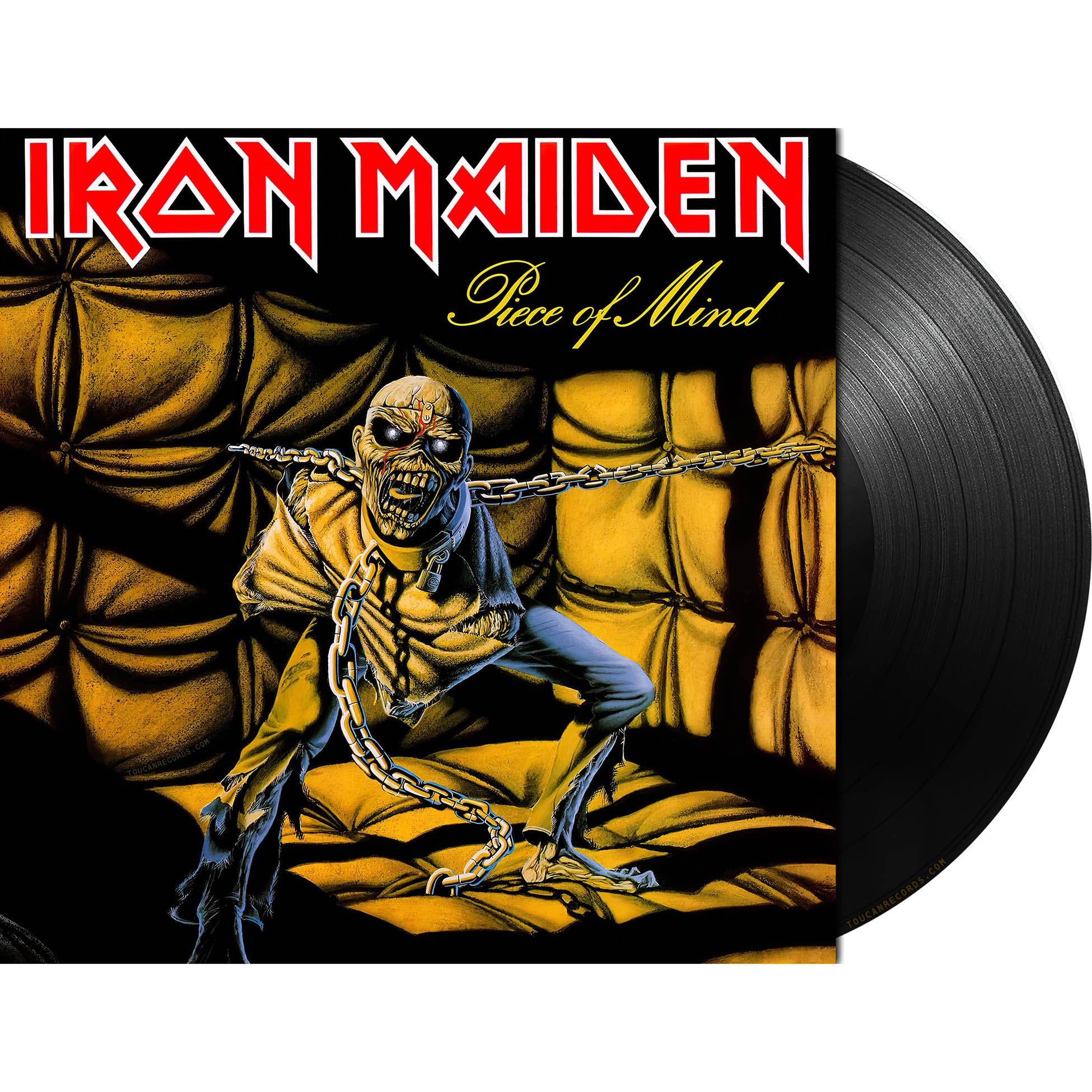 Iron Maiden Piece Of Mind black vinyl LP packshot, printed inner sleeve, gatefold and 2015 remaster with lacquers cut by Chris Bellman. Available at ToucanRecords.com