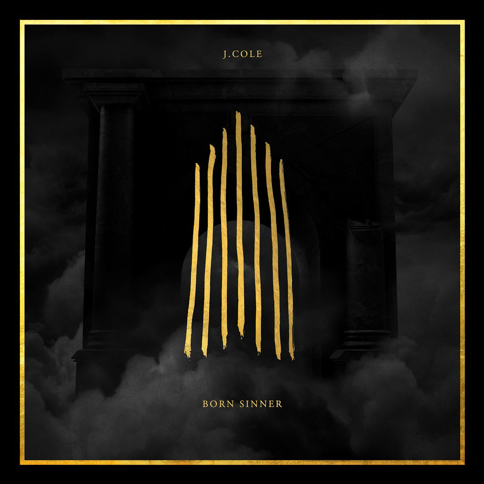 J. Cole Born Sinner album cover for the 2LP vinyl LP with "Power Trip," "Crooked Smile," and printed inner sleeves