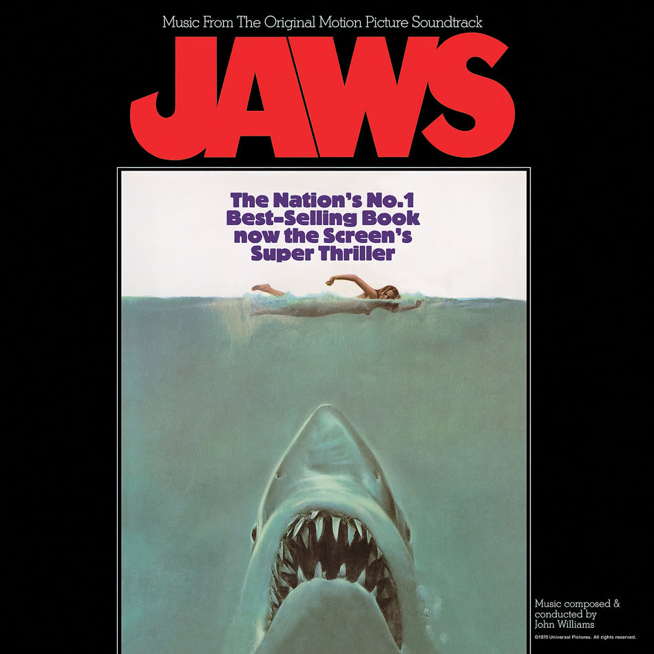 John Williams - Jaws album cover, black vinyl LP, original artwork, orchestral film score, 1970s cinema