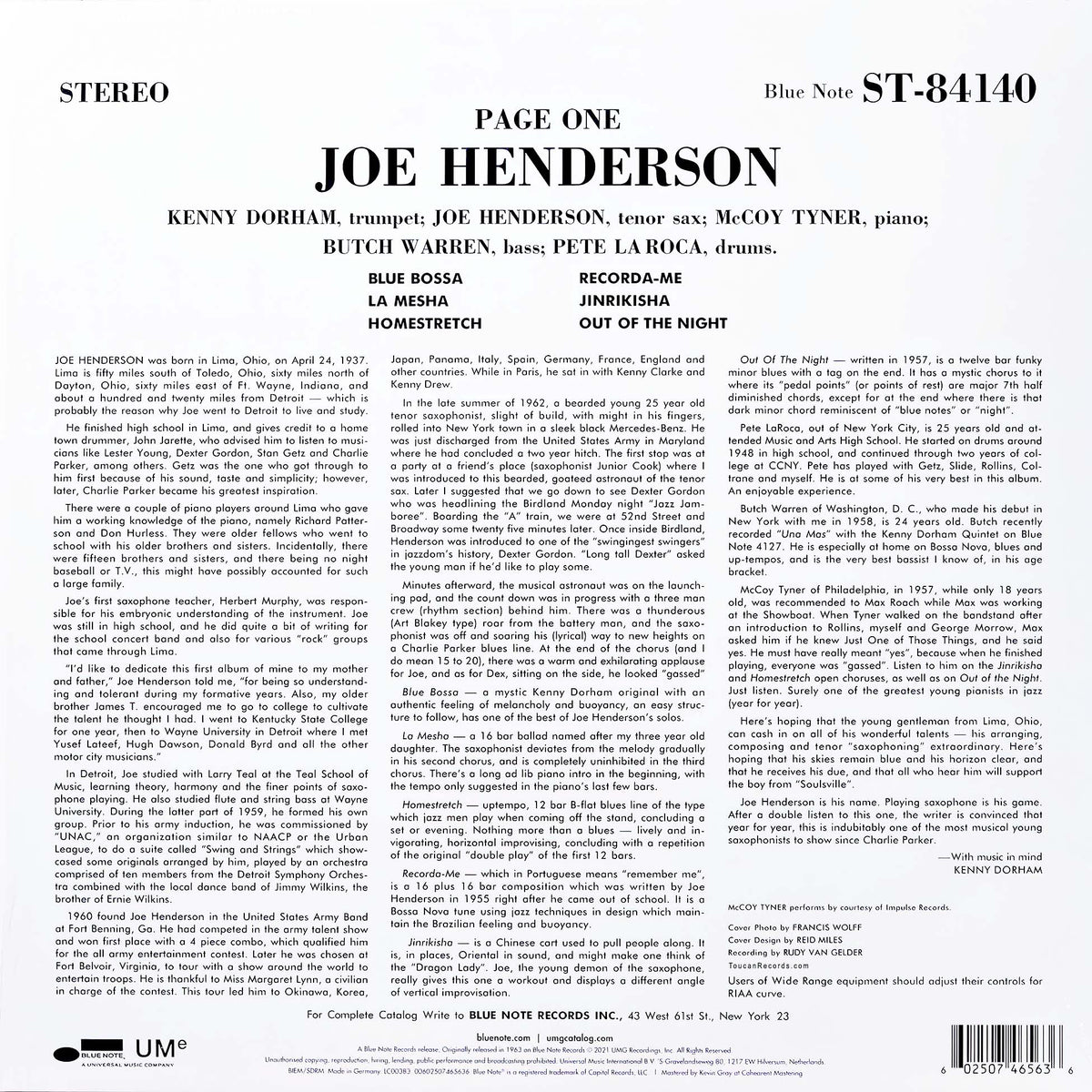 Joe Henderson Page One album cover art for rear and back cover at ToucanRecords.com for the 180g Blue Note Classic Vinyl Series LP