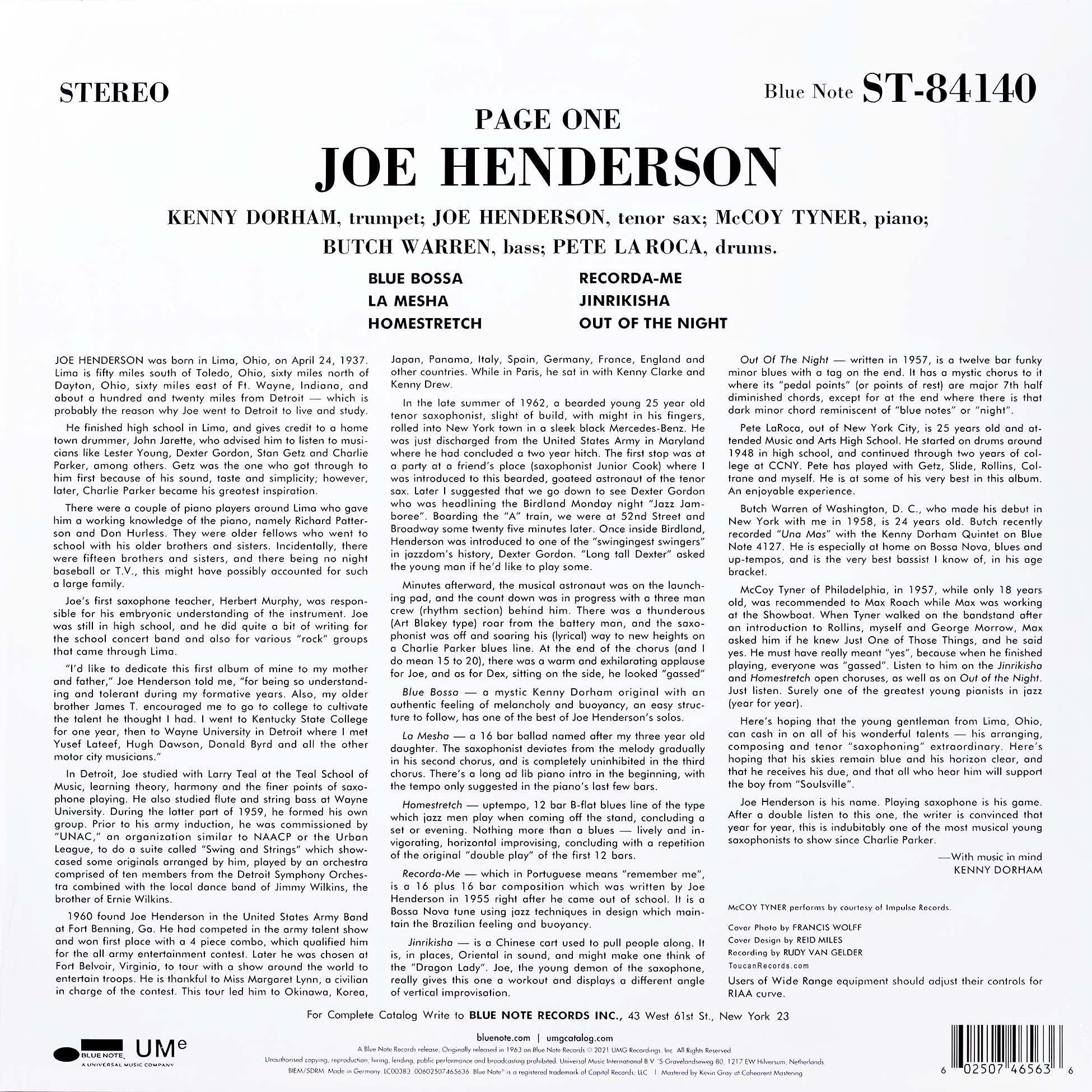 Joe Henderson Page One album cover art for rear and back cover at ToucanRecords.com for the 180g Blue Note Classic Vinyl Series LP