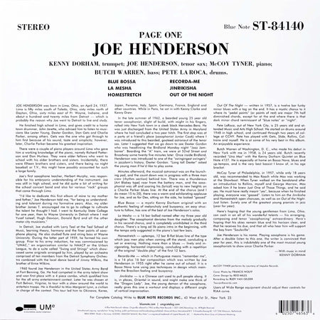 Joe Henderson Page One album cover art for rear and back cover at ToucanRecords.com for the 180g Blue Note Classic Vinyl Series LP
