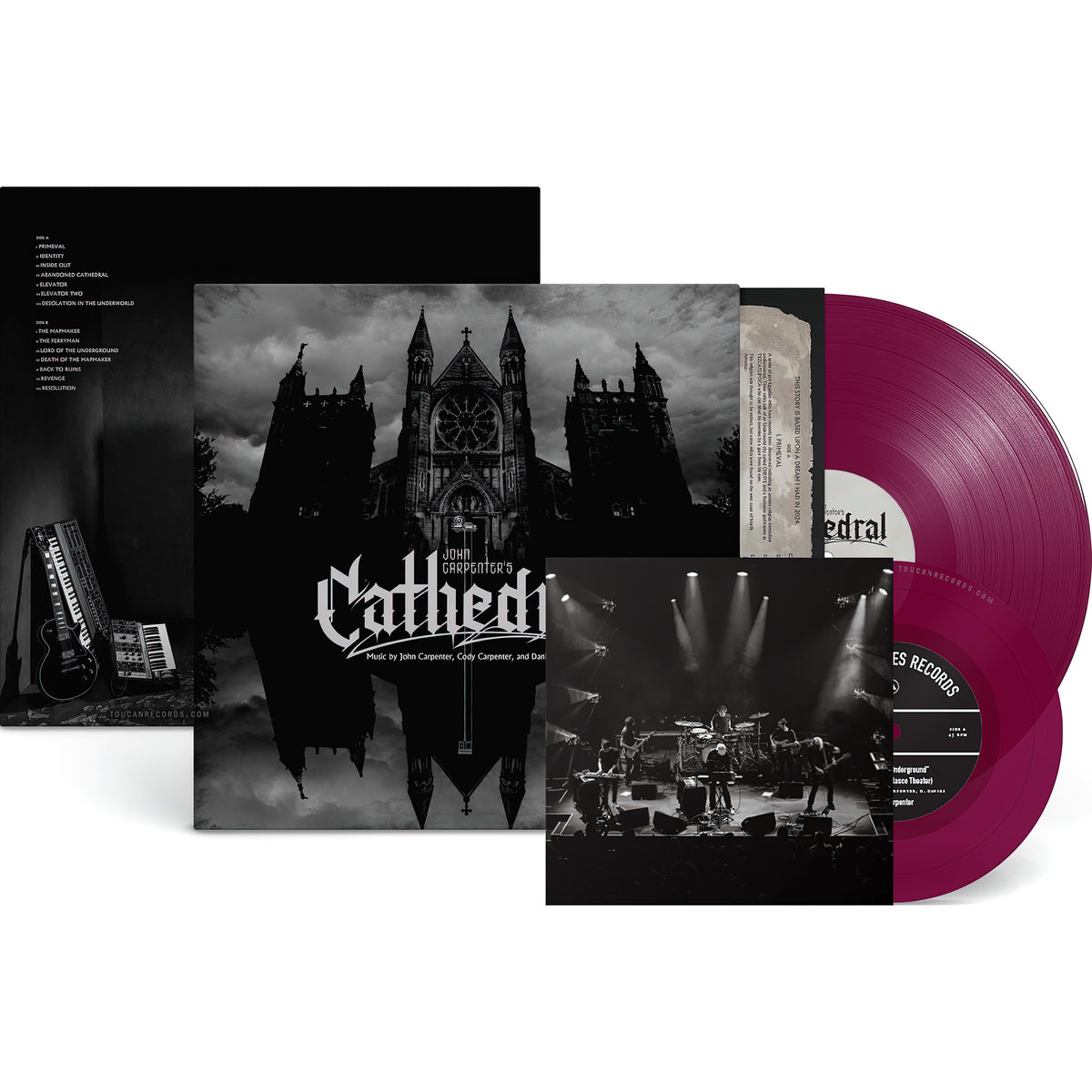 John Carpenter Cathedral packshot featuring the amethyst vinyl LP and exclusive 7-inch single with two live recordings