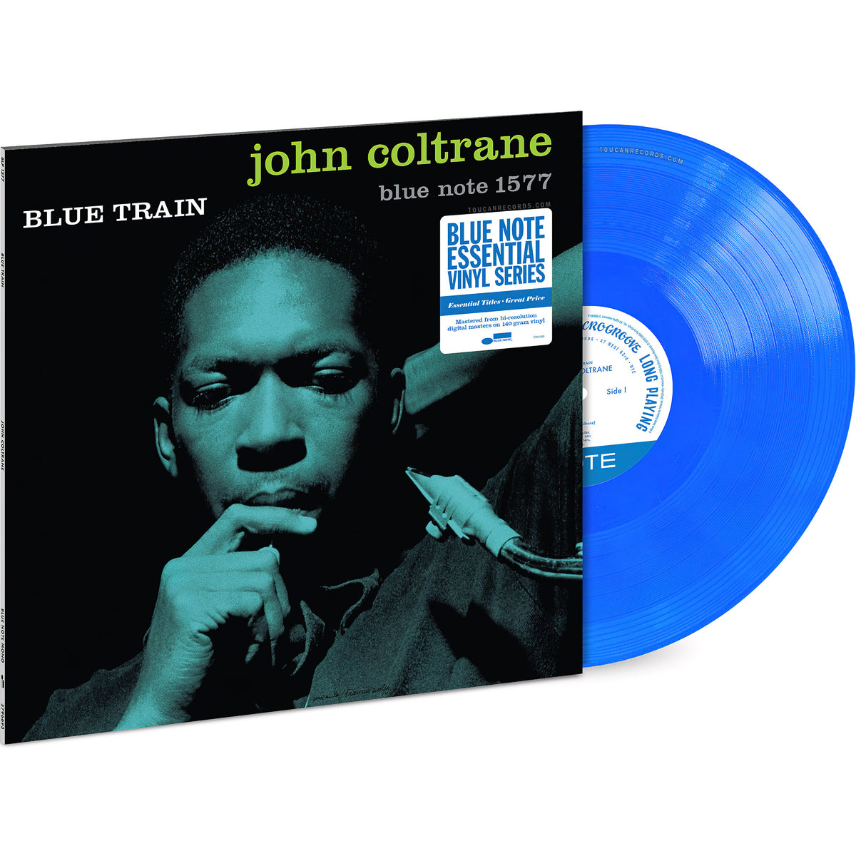 ohn Coltrane - Blue Train packshot of the limited Blue Note Essential Series 140g blue vinyl LP available at ToucanRecords.com.