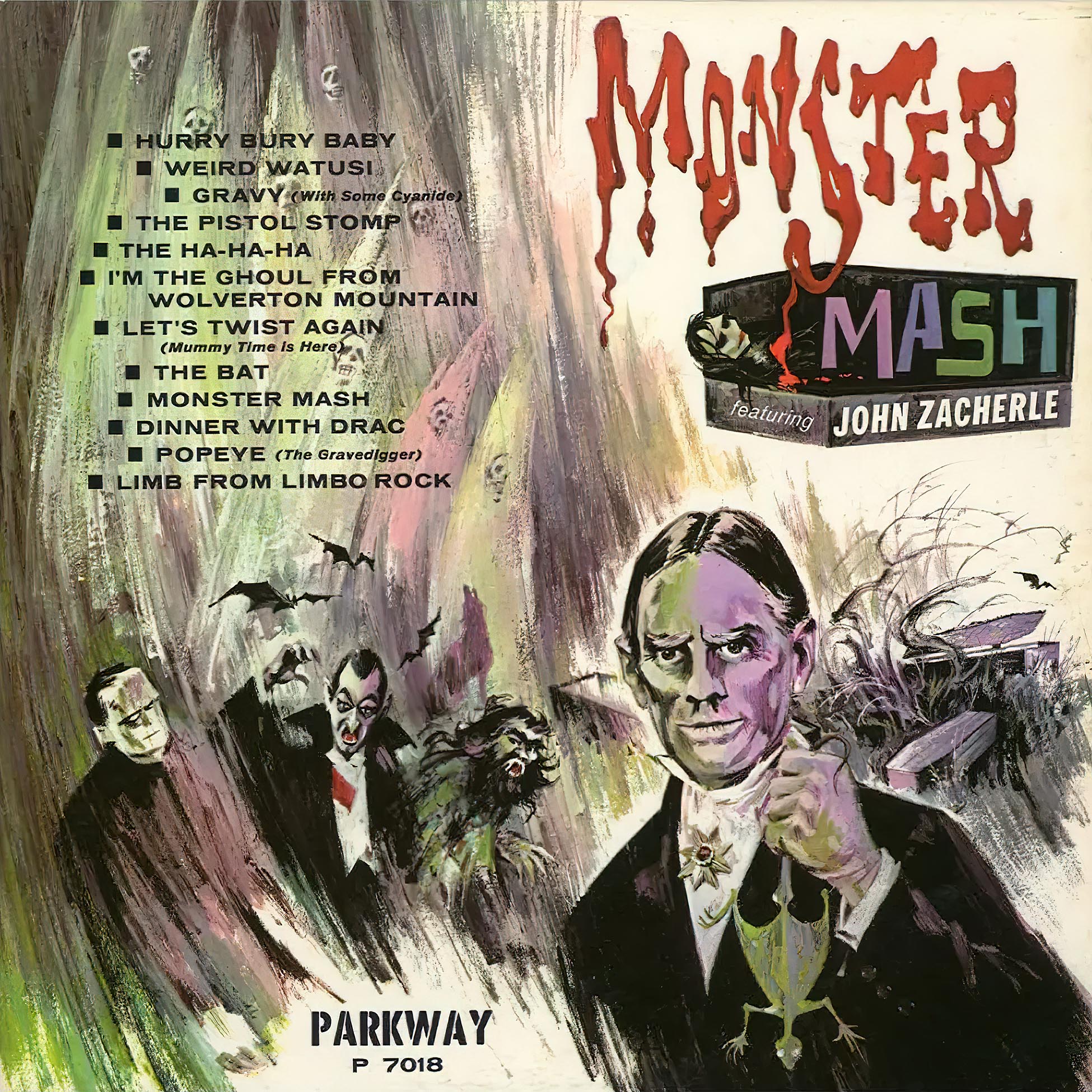 John Zacherle - Monster Mash album cover, green and purple split vinyl with black splatter vinyl, indie exclusive, Halloween novelty rock