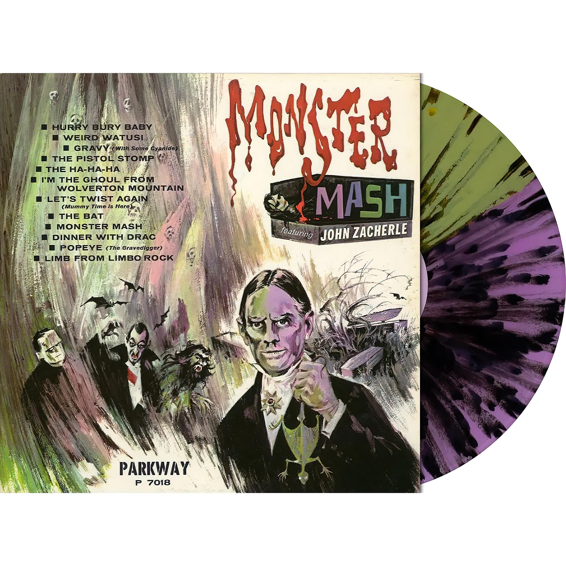 John Zacherle - Monster Mash packshot image, green and purple split vinyl with black splatter vinyl, indie exclusive, Halloween rock & roll