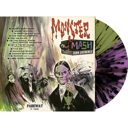 John Zacherle - Monster Mash packshot image, green and purple split vinyl with black splatter vinyl, indie exclusive, Halloween rock & roll