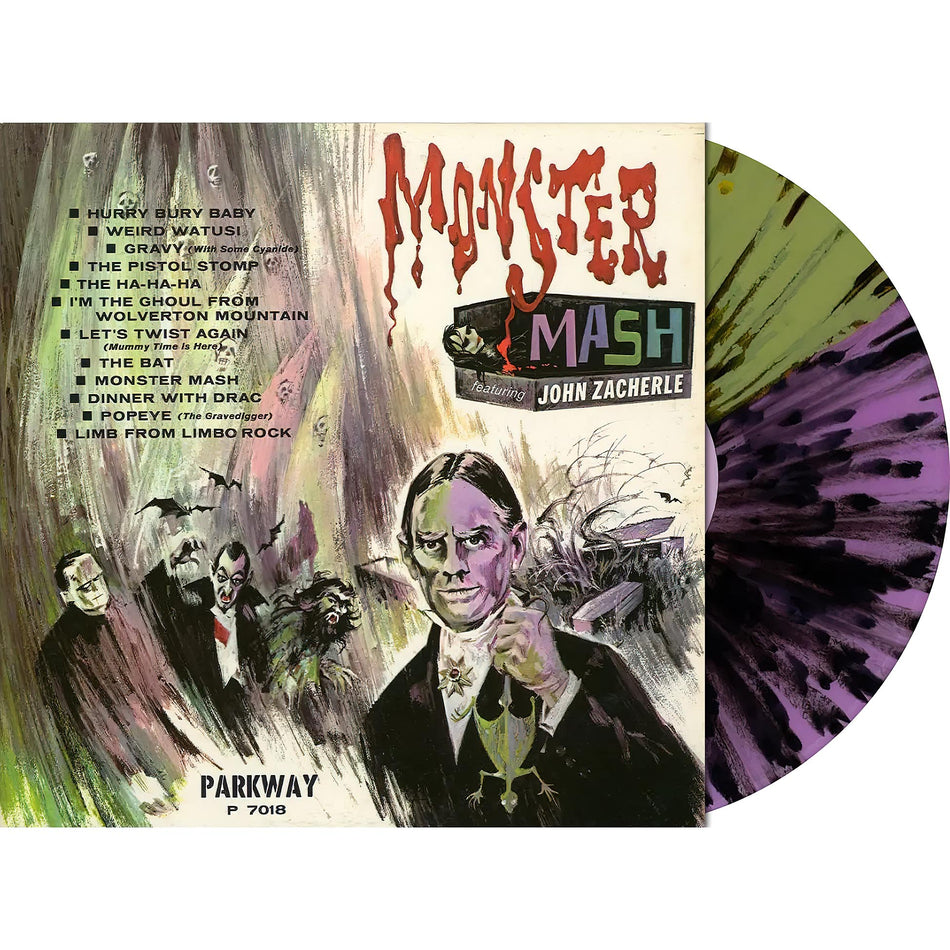 John Zacherle - Monster Mash packshot image, green and purple split vinyl with black splatter vinyl, indie exclusive, Halloween rock & roll
