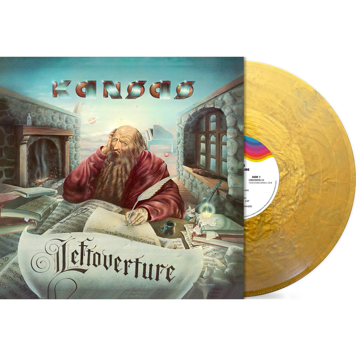 Kansas Leftoverture packshot for limited 50th Anniversary gold colored vinyl LP with Carry On Wayward Son at ToucanRecords.com