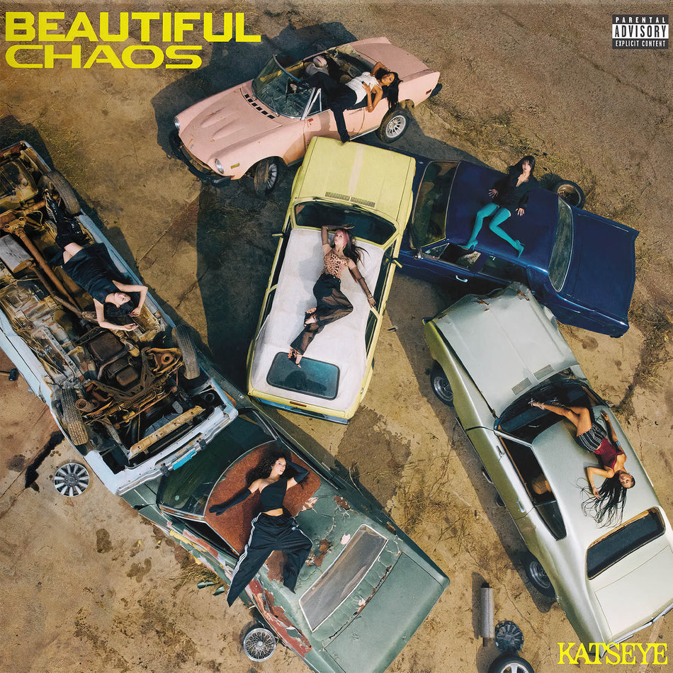 KATSEYE - BEAUTIFUL CHAOS album cover, neon lime green vinyl EP with etched Side B