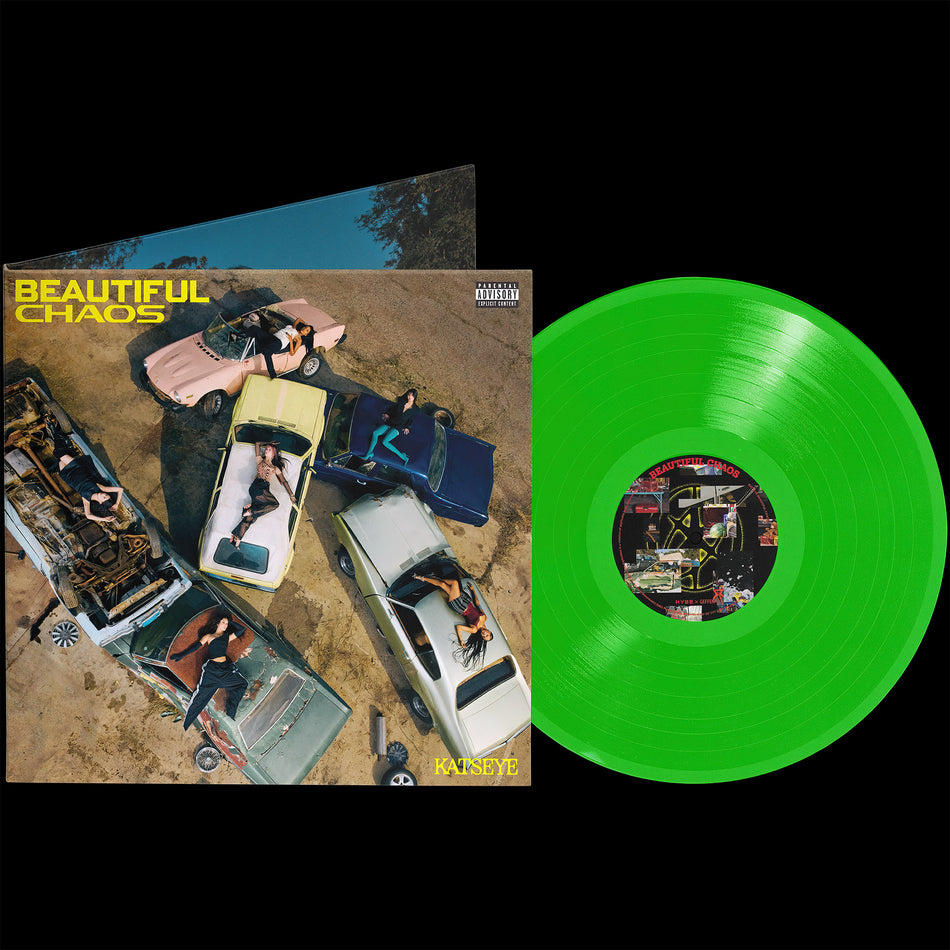 KATSEYE - BEAUTIFUL CHAOS packshot, neon lime green pressing with etched design, K-pop essential EP