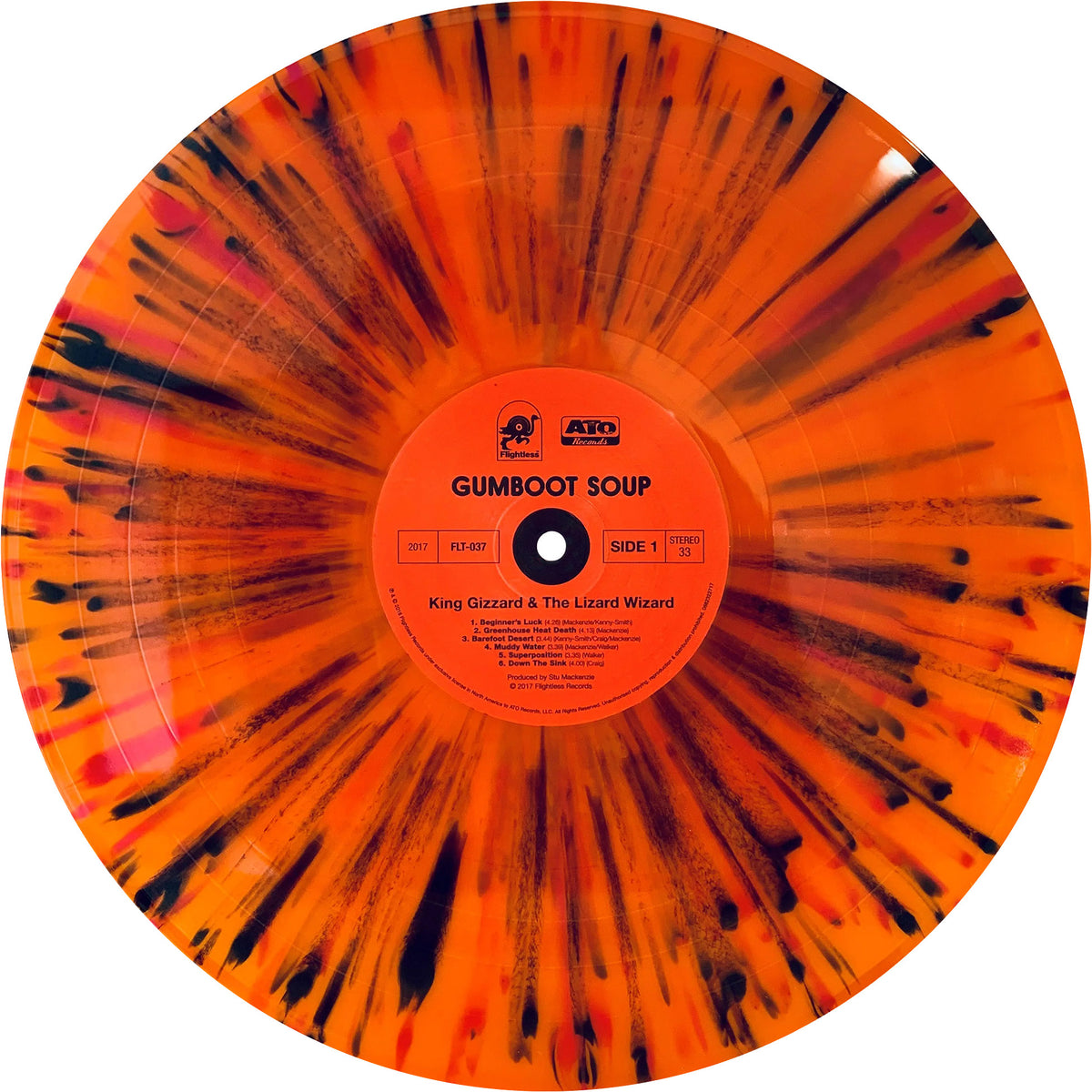 Gumboot Soup vinyl record, side 1 showing orange colored pressing with black splatter and red smoke, King Gizzard experimental album, indie rock collection