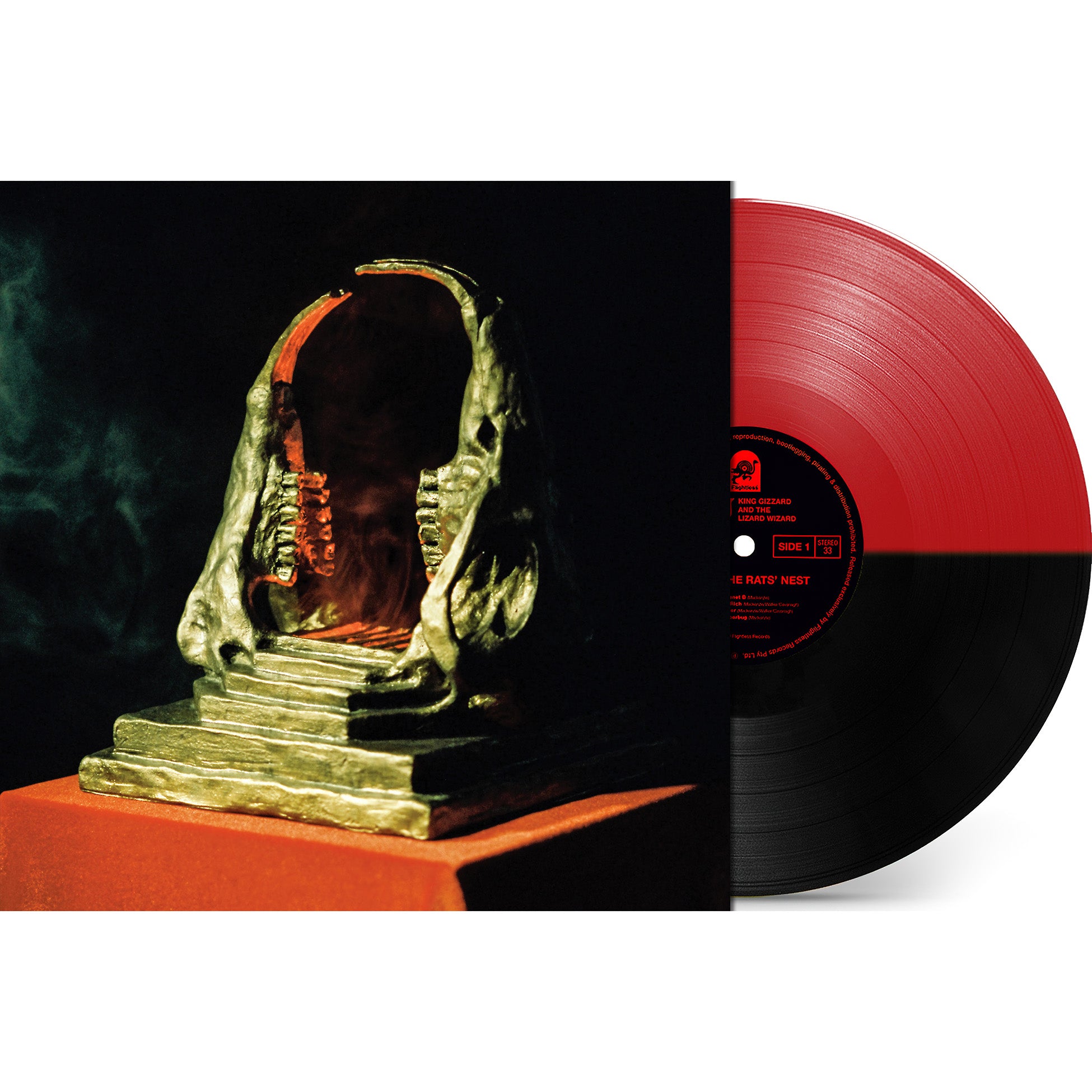 King Gizzard - Infest the Rats’ Nest packshot, red and black half colored vinyl, gatefold jacket & poster