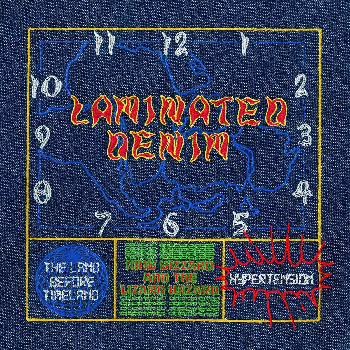 king gizzard, lizard wizard, laminated denim, lucky rainbow, eco vinyl, hypertension, stu mackenzie, land before timeland, album cover, vinyl, album art, psychedelic rock, lucky rainbow wax,