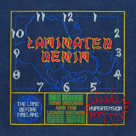 king gizzard, lizard wizard, laminated denim, lucky rainbow, eco vinyl, hypertension, stu mackenzie, land before timeland, album cover, vinyl, album art, psychedelic rock, lucky rainbow wax,