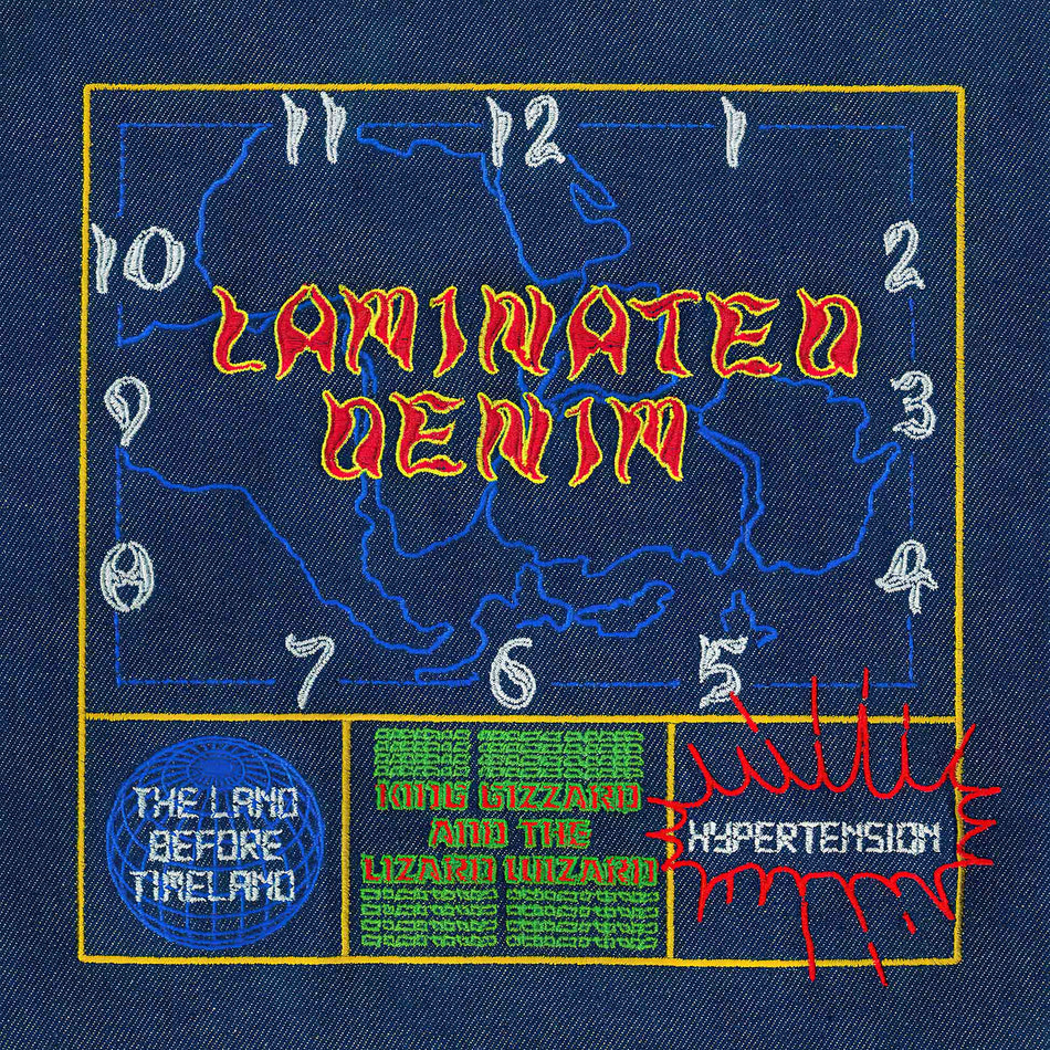 king gizzard, lizard wizard, laminated denim, lucky rainbow, eco vinyl, hypertension, stu mackenzie, land before timeland, album cover, vinyl, album art, psychedelic rock, lucky rainbow wax,