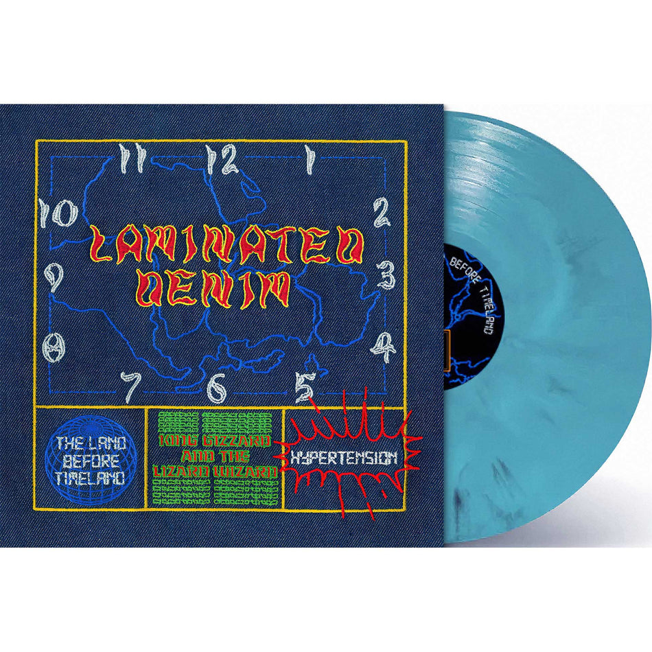 king gizzard, lizard wizard, laminated denim, packshot, lucky rainbow, eco vinyl, recycled vinyl, hypertension, stu mackenzie, land before timeland, album cover, vinyl, album art, psychedelic rock,