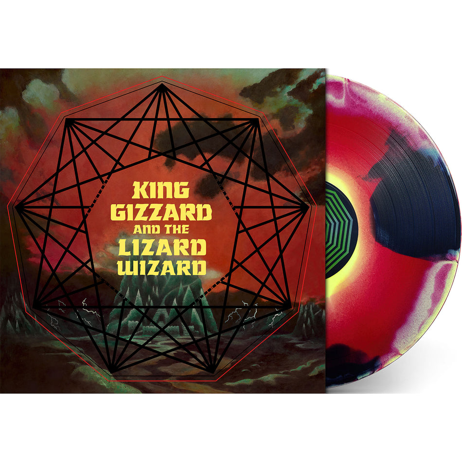 king gizzard, lizard wizard, nonagon infinity, packshot, colored vinyl, red yellow black vinyl, album cover, album art, cover, cover art, vinyl,