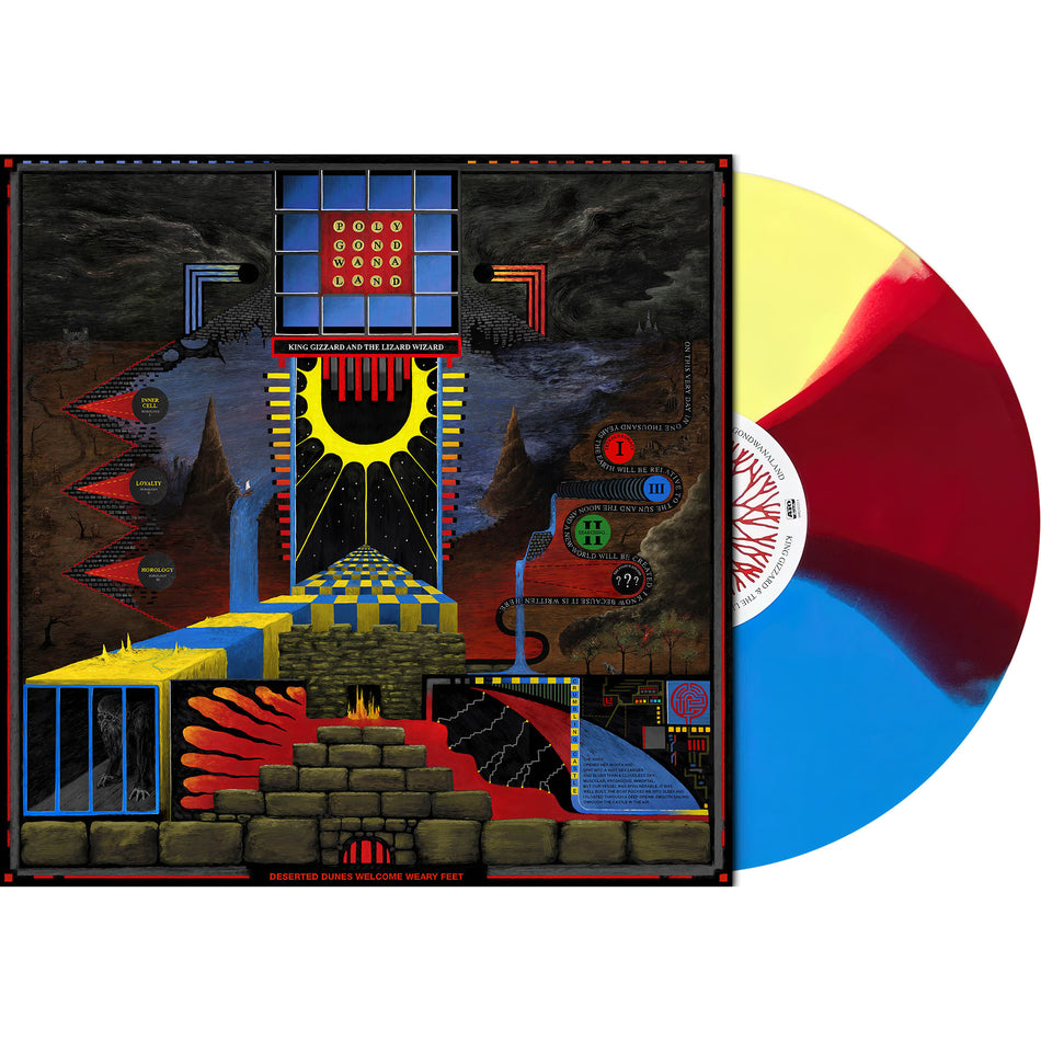 Polygondwanaland packshot, 4-way colored vinyl LP (red, yellow, blue & red again), progressive psychedelic rock classic