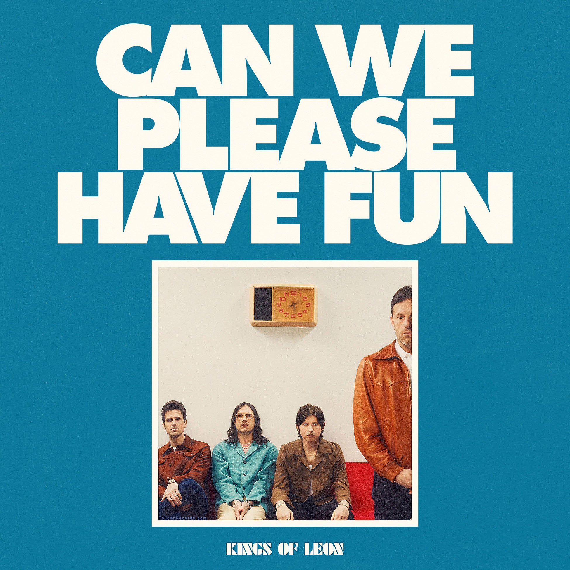 Kings of Leon Can We Please Have Fun album cover for the limited edition indie exclusive alternative rock vinyl LP pressed on opaque Apple Red Colored Vinyl.