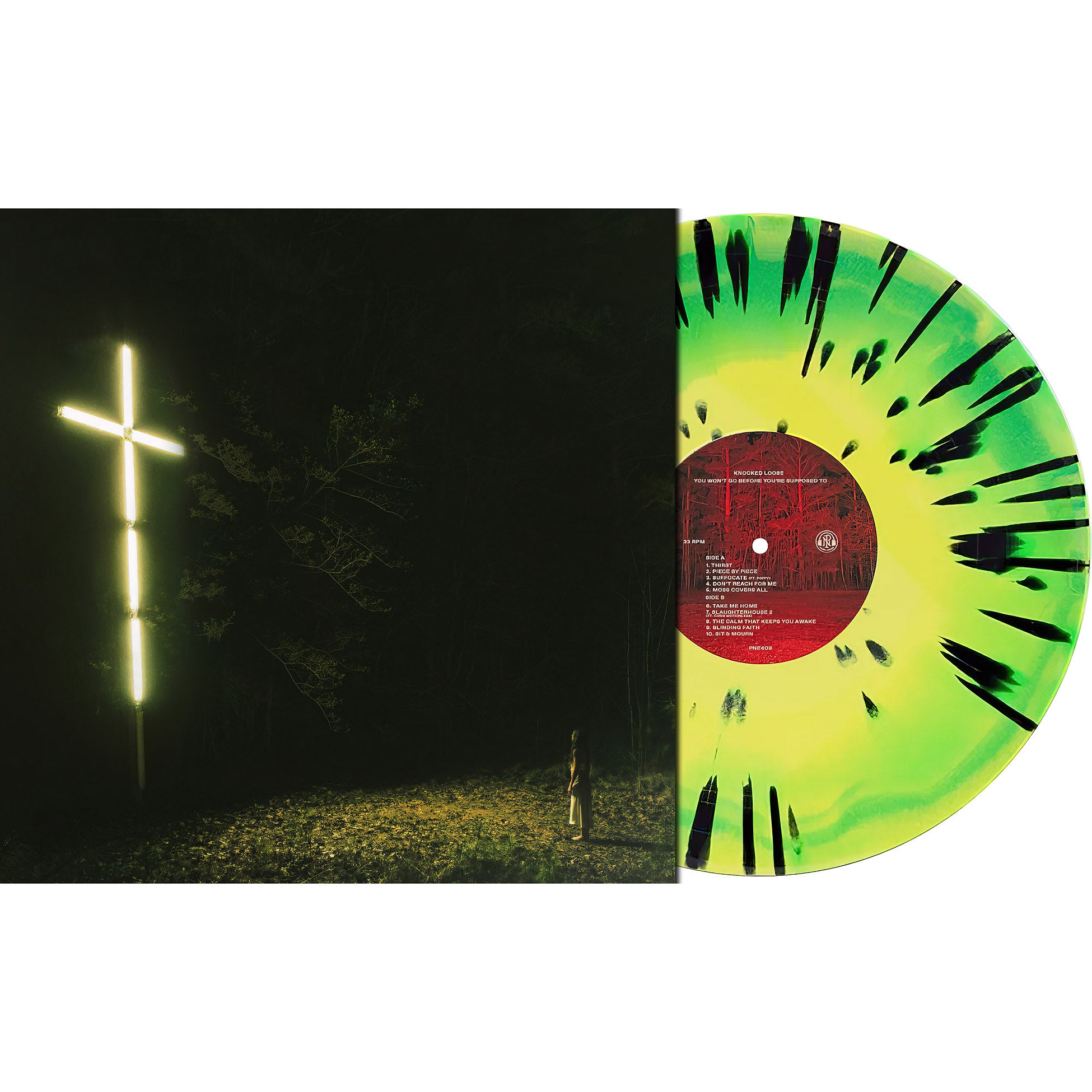Knocked Loose - You Won't Go Before You're Supposed To packshot, green yellow black splatter vinyl, heavy hardcore