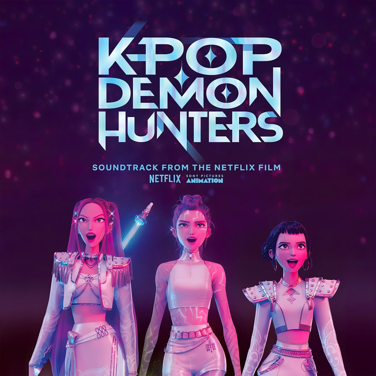 KPop Demon Hunters album cover art for the 1st Anniversary Honmoon Haze blue and purple swirl vinyl LP soundtrack.
