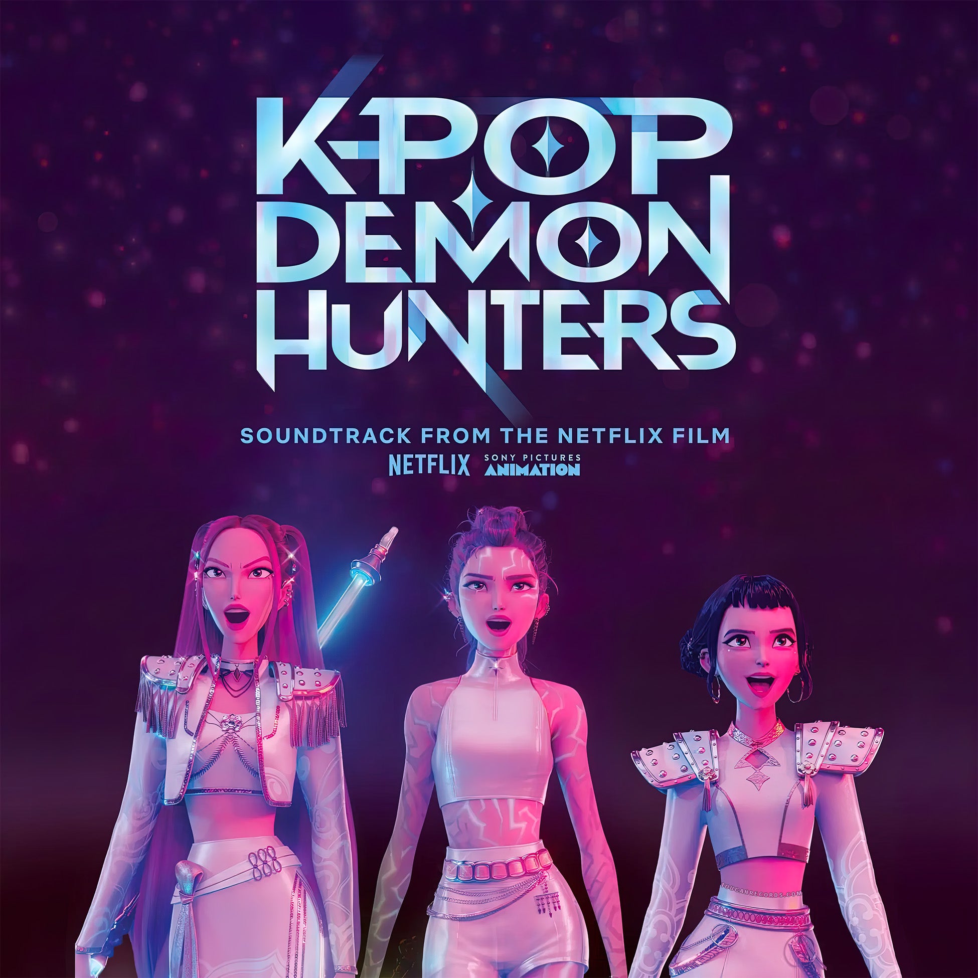 KPop Demon Hunters album cover art for the 1st Anniversary Honmoon Haze blue and purple swirl vinyl LP soundtrack.