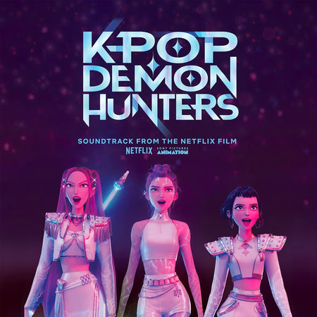 KPop Demon Hunters album cover art for the 1st Anniversary Honmoon Haze blue and purple swirl vinyl LP soundtrack.