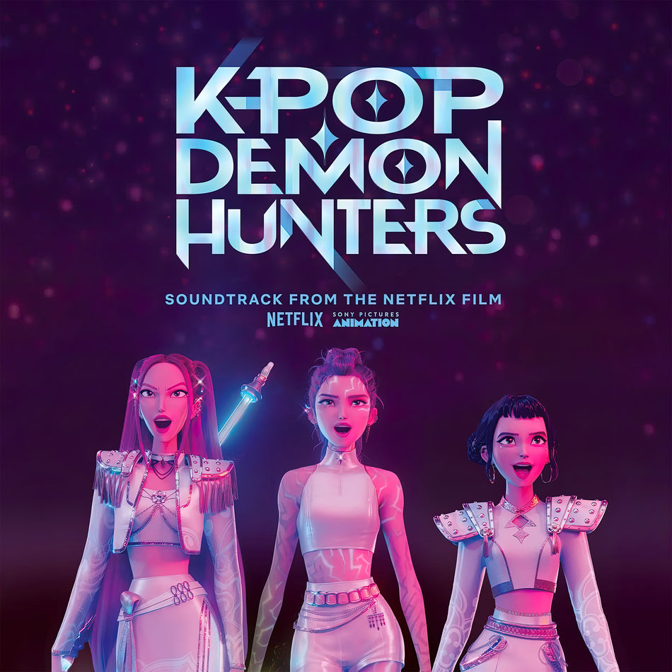 KPop Demon Hunters album cover art for the 1st Anniversary Honmoon Haze blue and purple swirl vinyl LP soundtrack.