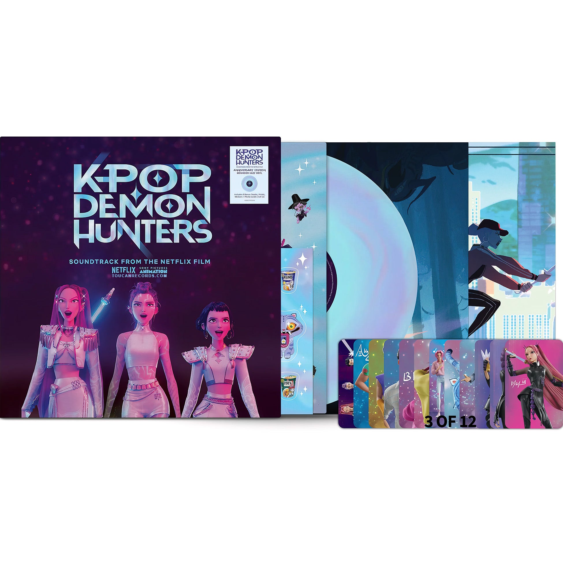 KPop Demon Hunters Honmoon Haze vinyl LP packshot with art prints, stickers, and photo cards at ToucanRecords.com.