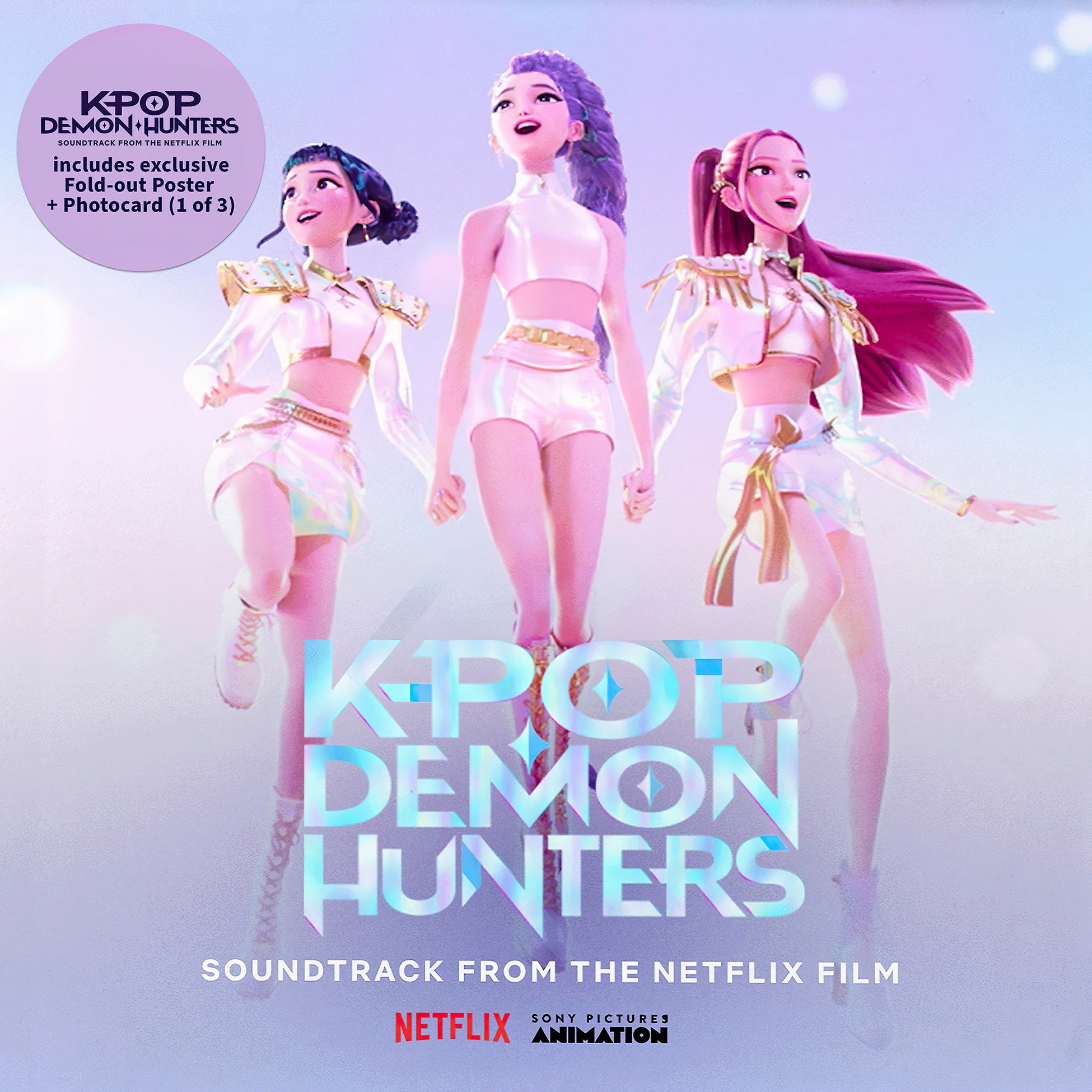 KPop Demon Hunters soundtrack album cover, vinyl LP with foldout poster and photo card
