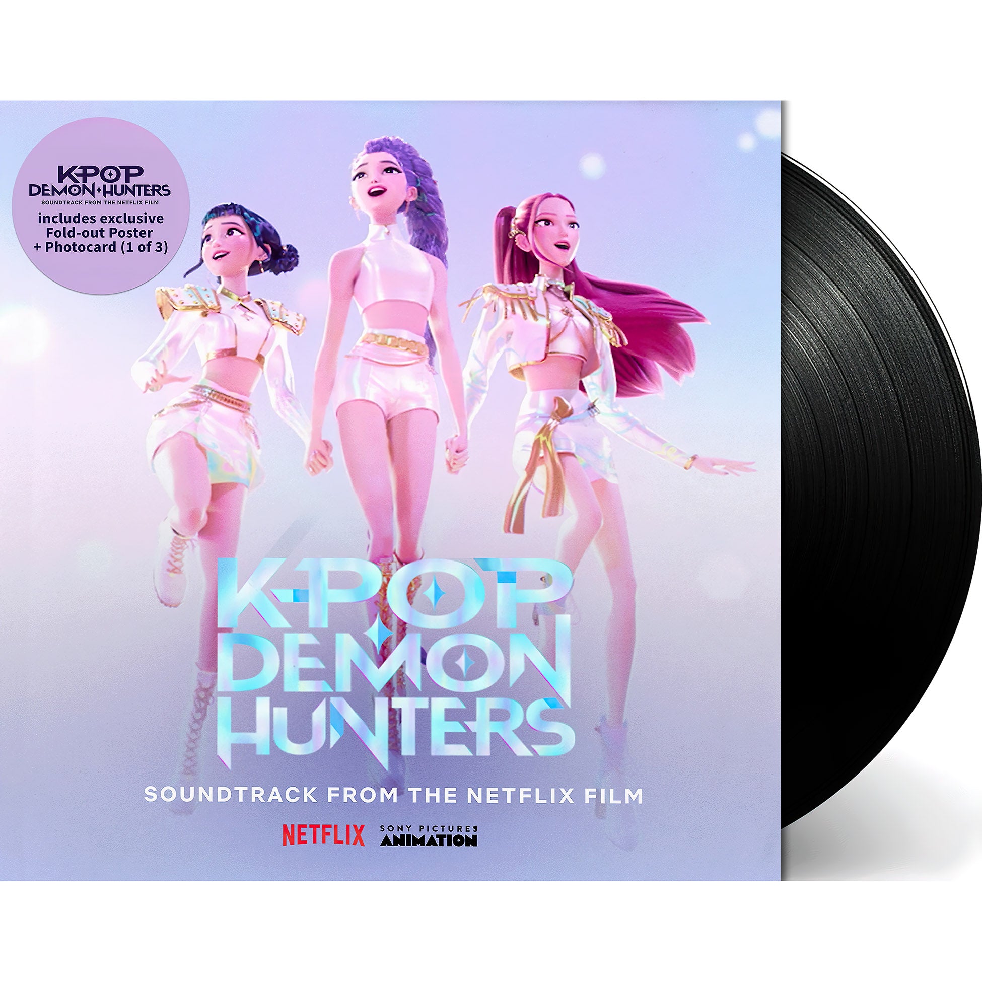 KPop Demon Hunters soundtrack vinyl packshot, LP edition with bonus poster and photo card