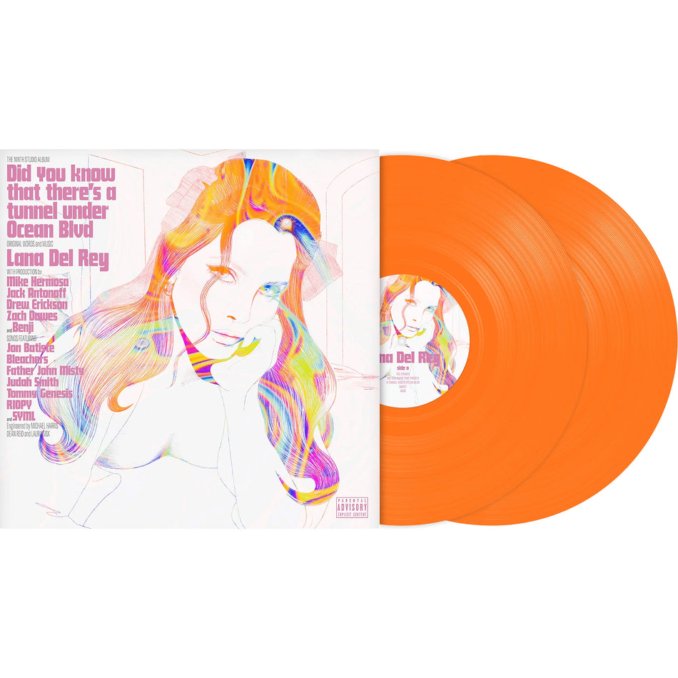 Lana Del Rey - Did You Know That There's a Tunnel Under Ocean Blvd packshot, orange colored vinyl double LP with alternate cover, baroque pop