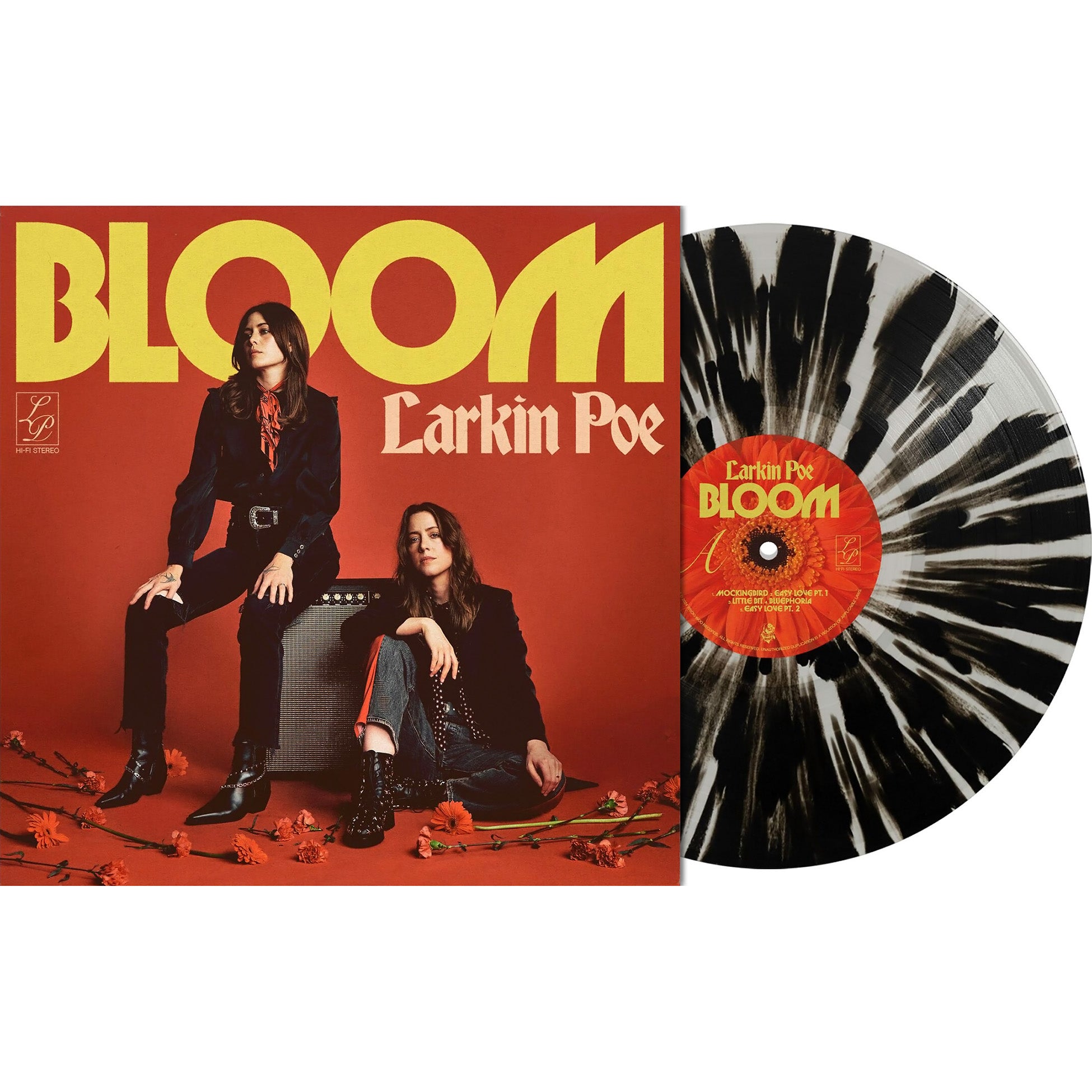 Larkin Poe - Bloom packshot, white with black splatter vinyl pressing, indie exclusive roots rock