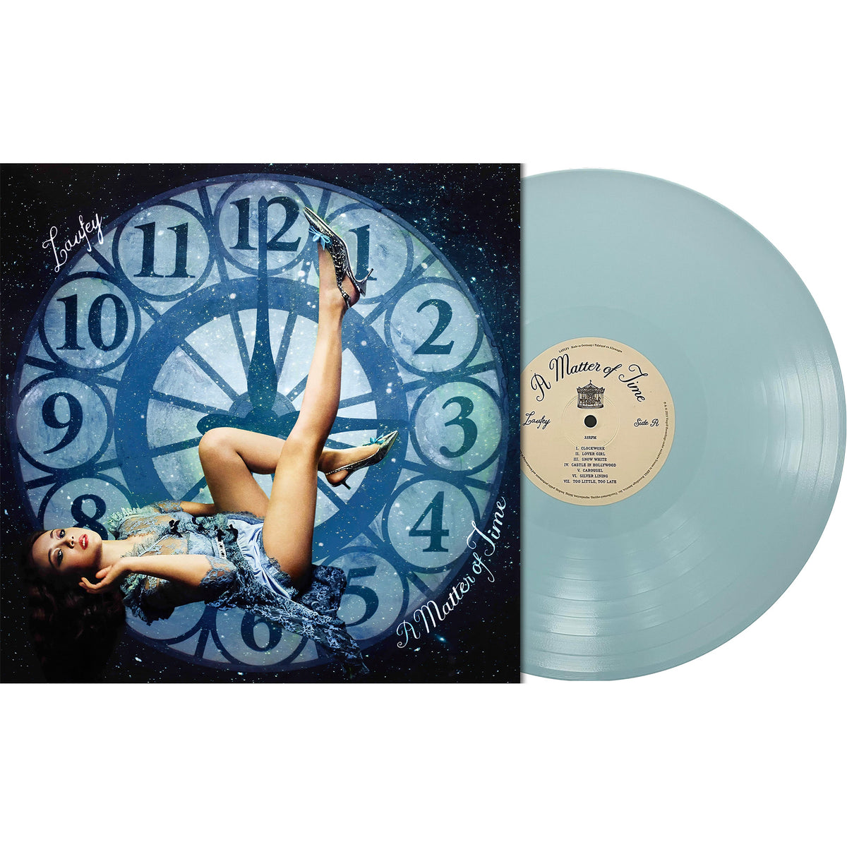Laufey - A Matter Of Time packshot, Timeless Blue colored vinyl LP plus a black 7-inch single, contemporary jazz pop album
