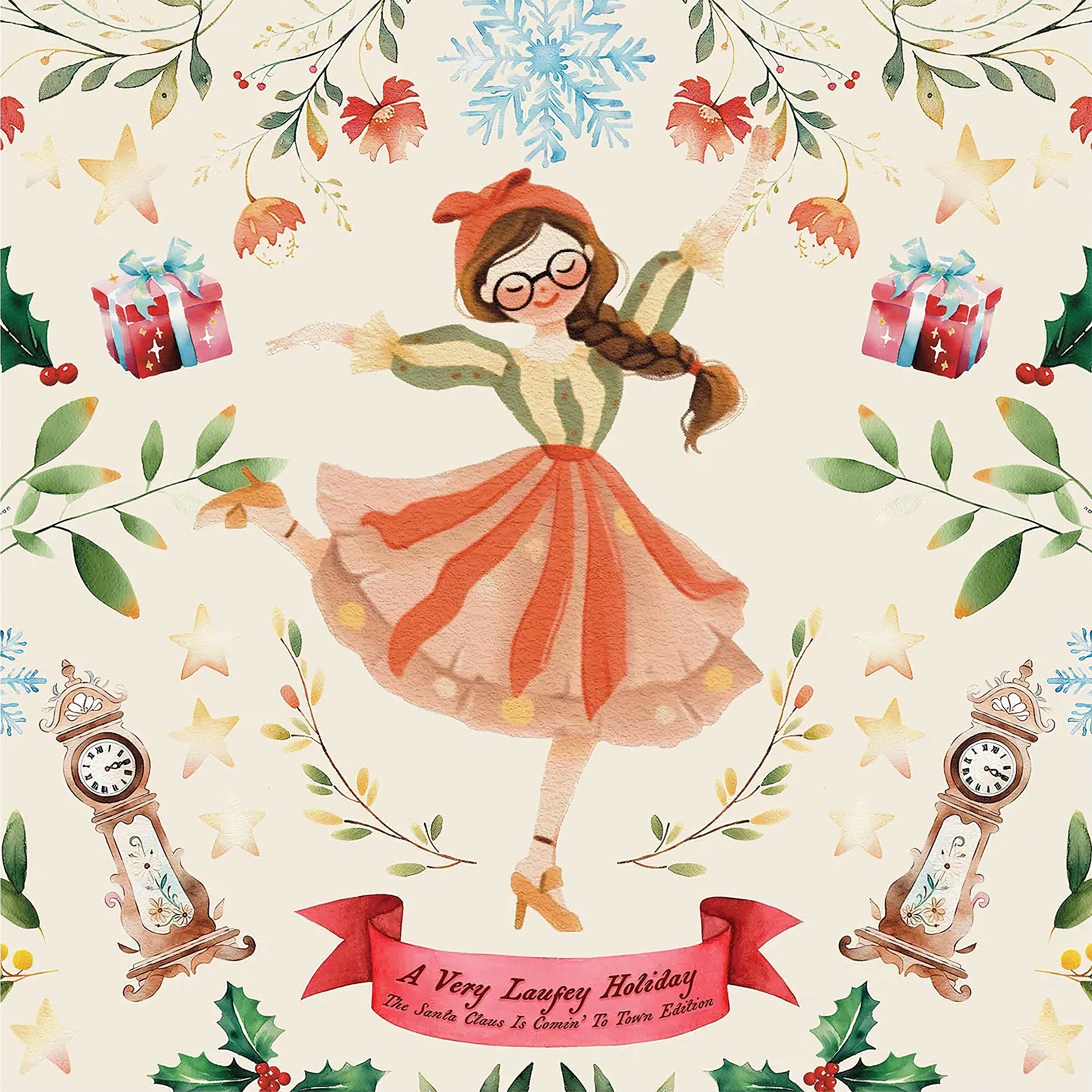 Laufey - Santa Claus Is Comin' To Town 7-inch single cover, snow globe glitter colored vinyl, holiday jazz-pop release