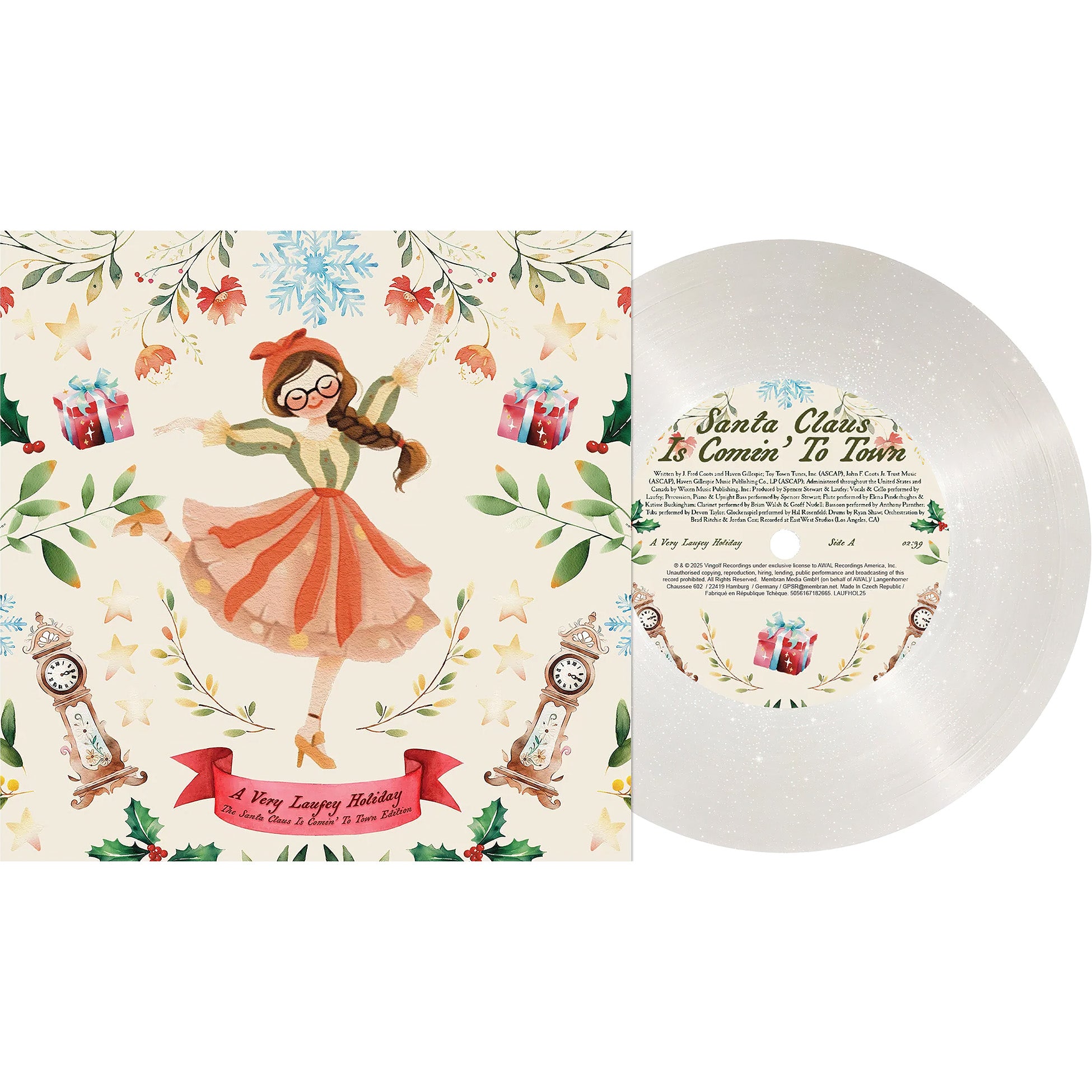 Laufey - A Very Laufey Holiday packshot, snow globe glitter colored vinyl 7-inch, Grammy-winning jazz-pop artist, Christmas holiday single.