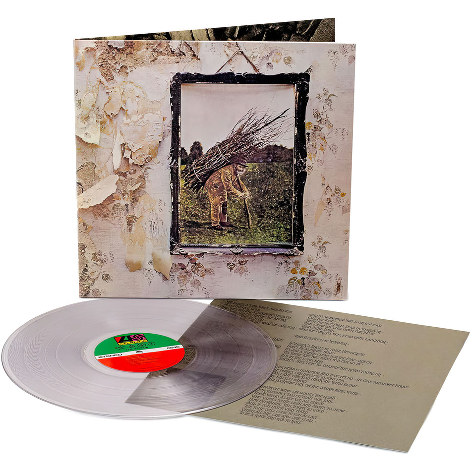 Led Zeppelin IV clear vinyl LP packshot, Atlantic 75 Series, collectible rock reissue featuring Stairway To Heaven