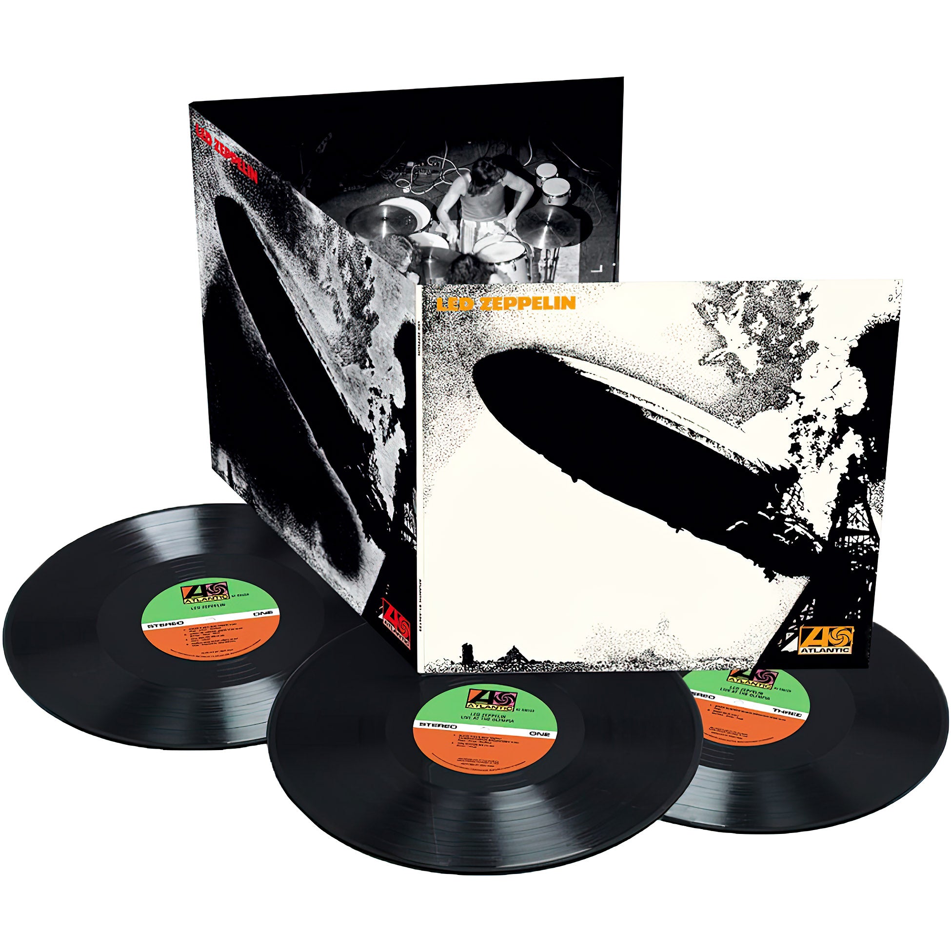 Led Zeppelin - Led Zeppelin I 3 LP deluxe packshot, remastered debut rock album, collectible Hindenburg sleeve