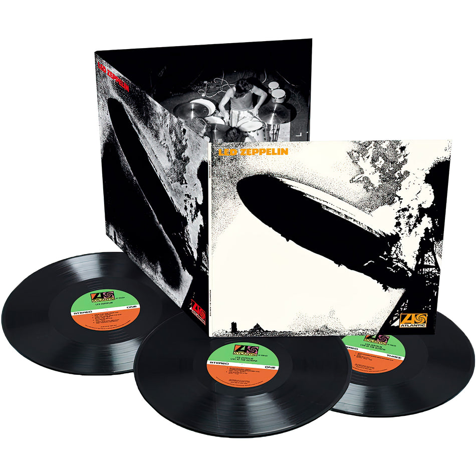 Led Zeppelin - Led Zeppelin I 3 LP deluxe packshot, remastered debut rock album, collectible Hindenburg sleeve
