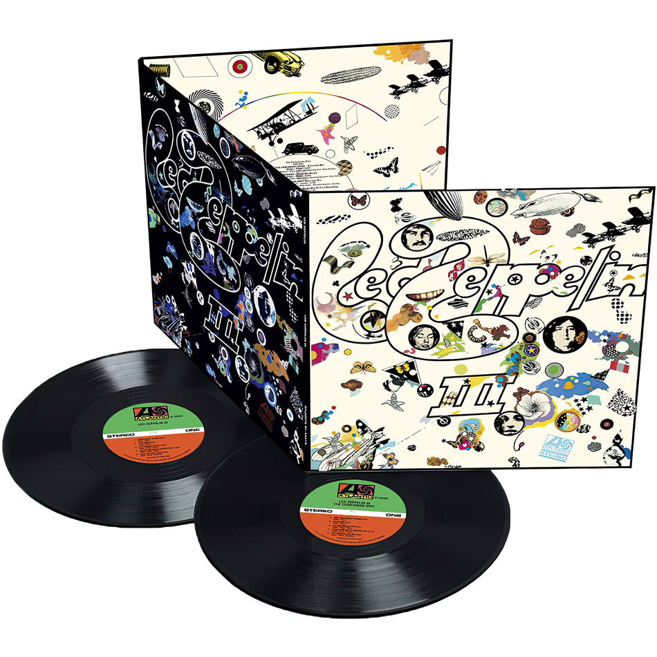 Led Zeppelin - Led Zeppelin III deluxe 2 LP vinyl packshot, remastered classic rock album, collectible rotating sleeve