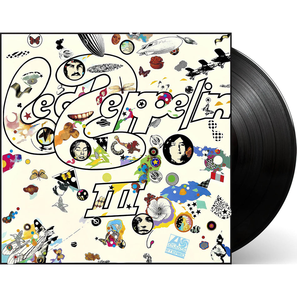Led Zeppelin III black vinyl LP packshot, iconic "painted lid" sleeve, classic rock release