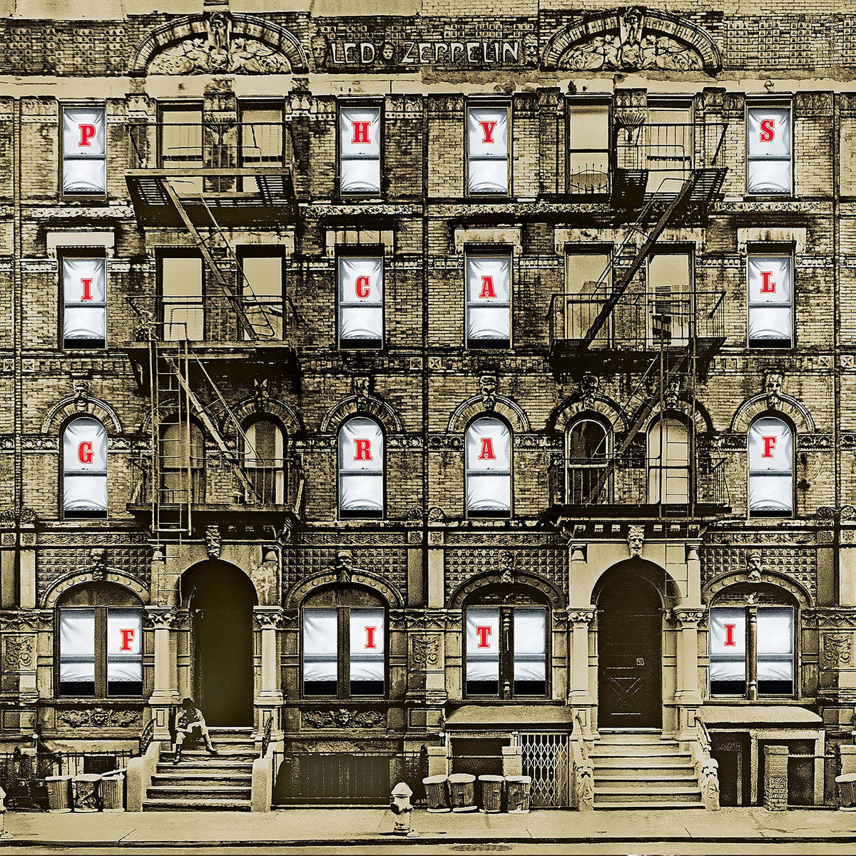 Led Zeppelin - Physical Graffiti cover art, classic rock 1975 vinyl pressing, iconic NYC tenement artwork, features the song Kashmir