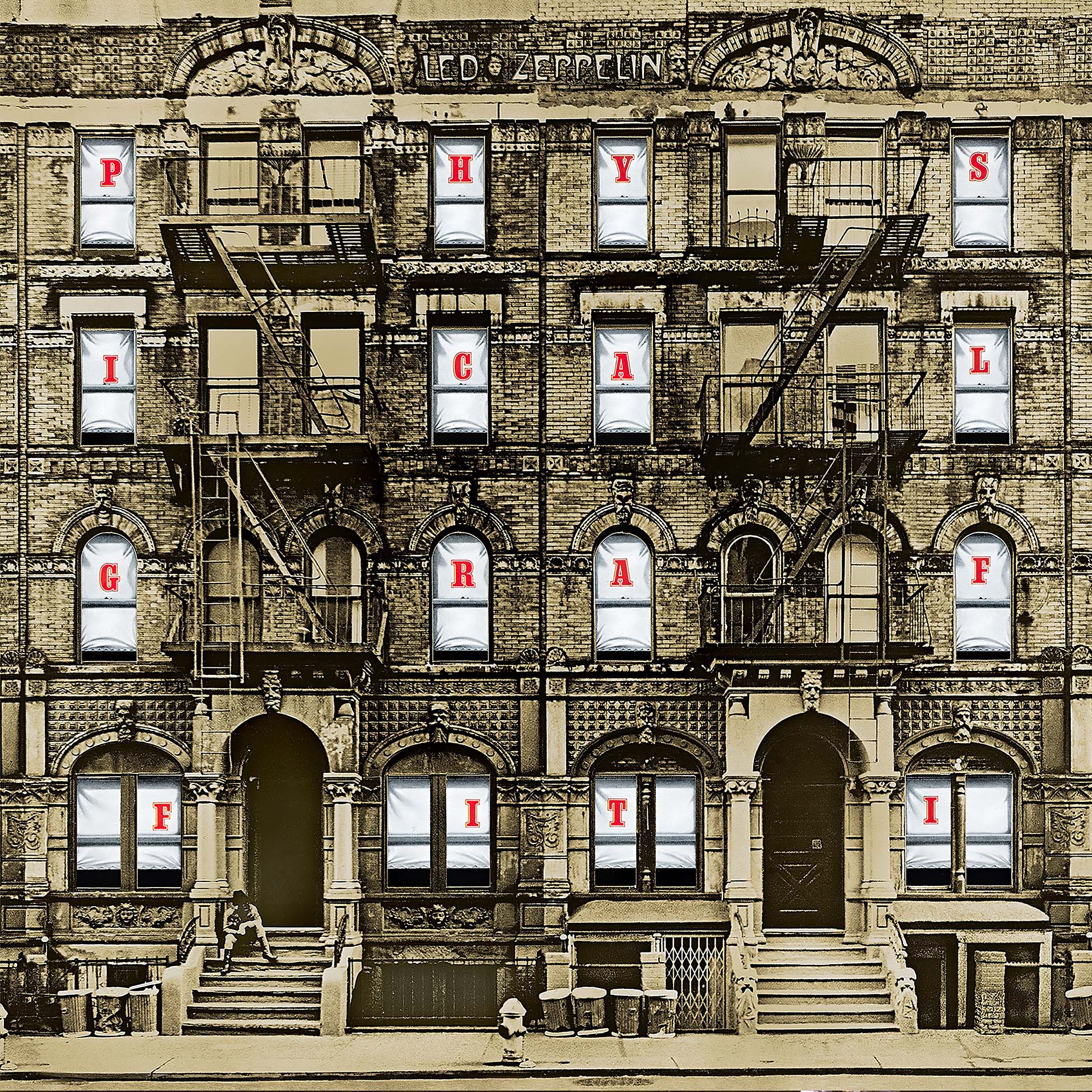 Led Zeppelin - Physical Graffiti cover art, classic rock 1975 vinyl pressing, iconic NYC tenement artwork, features the song Kashmir