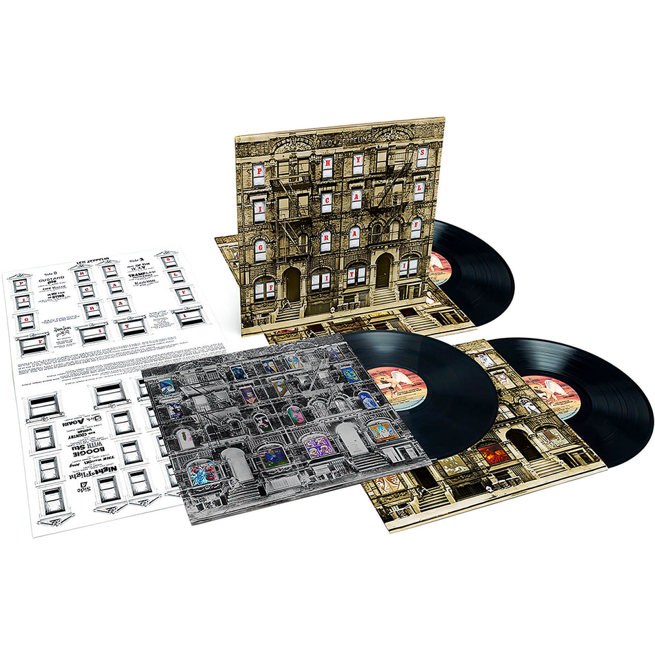 Led Zeppelin - Physical Graffiti deluxe 3 LP vinyl packshot, remastered classic rock album, collectible die-cut sleeve